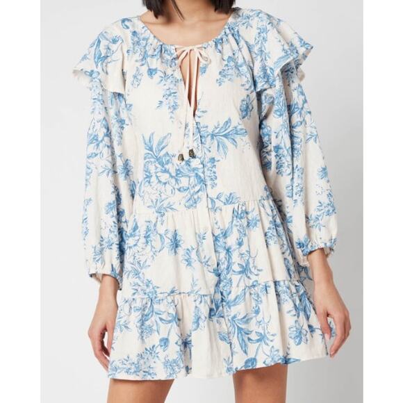 Free People Blue White Floral Tea Combo Sunbaked Swing Mini Dress Womens Medium - Picture 1 of 7